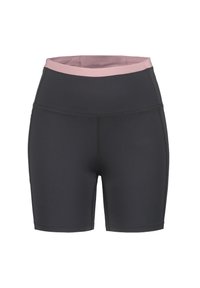 Höga svarta träningstights med en rosa midjeband, tillverkade av ett elastiskt material, med platta sömmar och en åtsittande design.