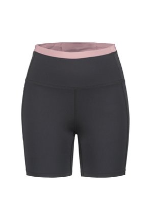Pantalones cortos deportivos negros de cintura alta con una banda rosa, hechos de una tela elástica, con costuras planas y un diseño ajustado.