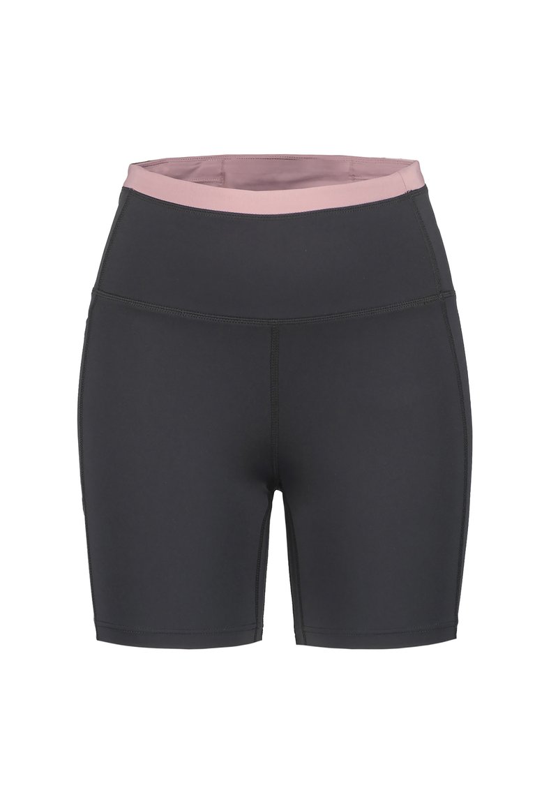 Höga svarta träningstights med en rosa midjeband, tillverkade av ett elastiskt material, med platta sömmar och en åtsittande design.