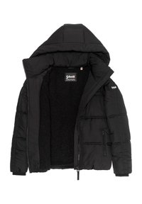 Giacca nera imbottita con cappuccio, dotata di un interno foderato in pile e tasche con zip. L'esterno presenta pannelli cuciti e polsini a costine.