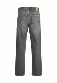Grå denimjeans med lös passform, hög midja, femficksdesign, sömdetaljer och ett lädermärke på bakdelen av midjebandet.
