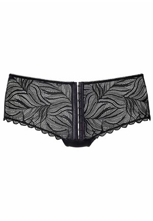 Schwarze Spitzenpanties mit floralem Muster, gewelltem Rand und einem zentralen Haken-und-Öse-Verschlussdetail auf der Rückseite. Weiches, strukturiertes Material.