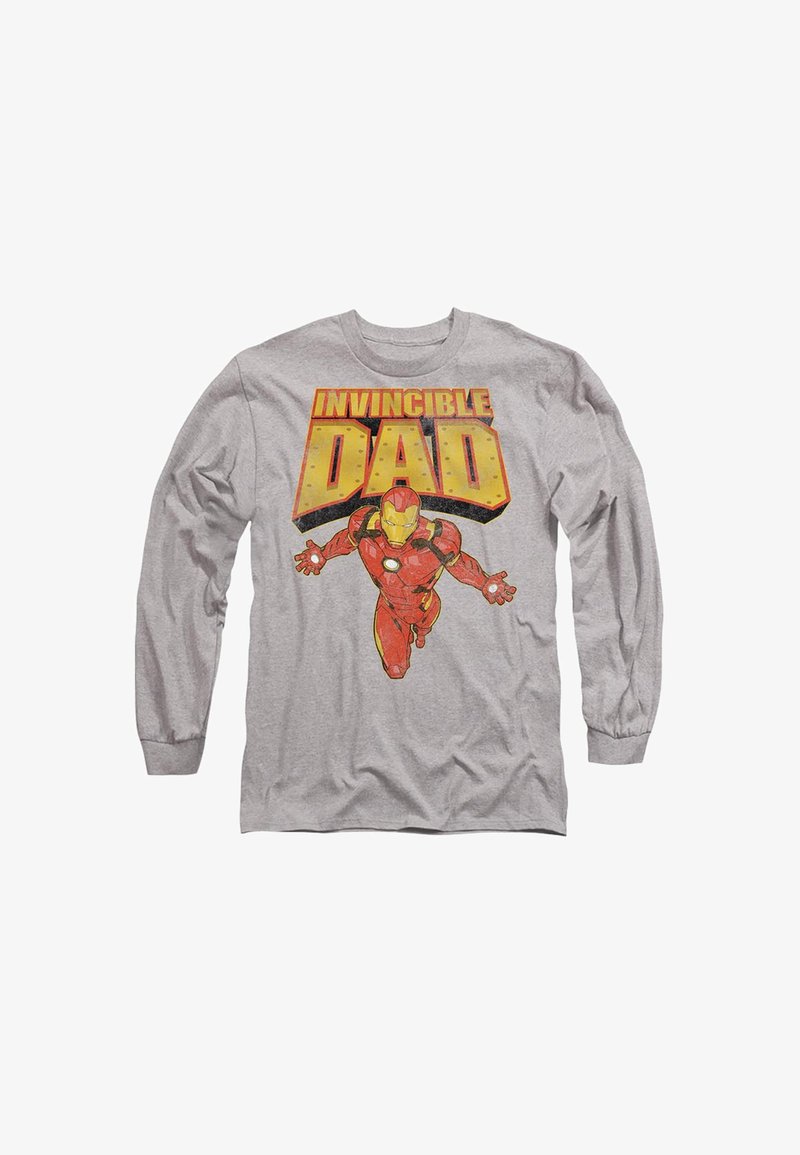 Gray long-sleeve shirt featuring a graphic of Iron Man and the text "INVINCIBLE DAD" in yellow and red, highlighting comic-style design.