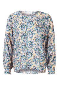 Blumenbluse aus weichem Stoff mit pinkem Grund und blauen, gelben und grünen Mustern. Mit langen Ärmeln und abgerundetem Saum.