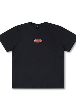 Black cotton t-shirt with a relaxed fit, short sleeves, and a red oval printed logo on the chest. Smooth texture, straight hem.