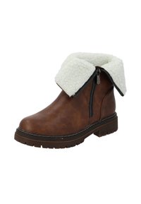 Bruna läderankelboots med en vit konstläderkrage, dragkedjestängning och robust tan gummisula. Dekorerade med vita sömmar.