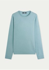 Helleblaue Pullover mit langen Ärmeln, Rundhalsausschnitt und gerippten Bündchen. Hergestellt aus weichem Stoff mit glatter Textur. Markenetikett innen sichtbar.