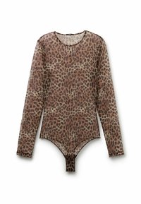 Body s dlouhým rukávem v tygrovaném vzoru z průsvitného materiálu. Má kulatý výstřih a druky na spodní části. Hnědé a béžové odstíny.