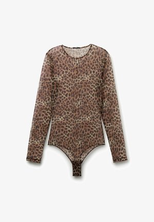 Leopardenmuster Langarm-Bodysuit aus transparenter Stoff. Mit rundem Ausschnitt und Druckknopfverschluss im Schritt. Braune und beige Töne.
