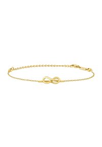 Pulsera de cadena dorada con un colgante central en forma de símbolo de infinito, textura suave, eslabones delicados y cierre seguro. Diseño simple y elegante.