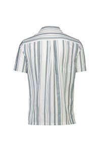 Witte korte mouwen shirt met verticale grijze strepen, spread collar en achterpand naad, weergegeven vanuit de achterkant.