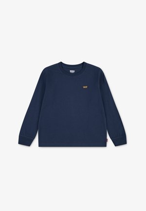 Marineblauwe langarm T-shirt van katoen, met een ronde halslijn en een klein bruin Levi's-logo op de linkerkant van de borst. Zachte textuur.