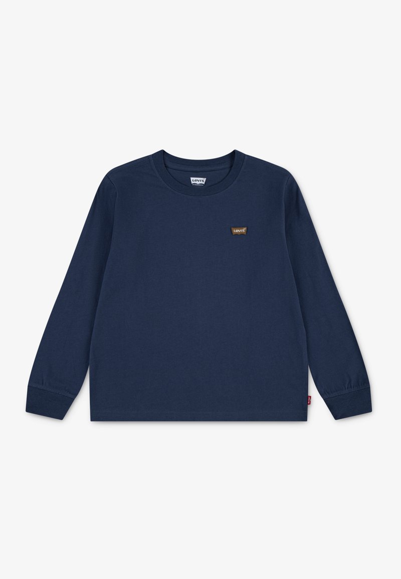 T-paita pitkähihaisena tummansinisestä puuvillasta, jossa on pyöreä pääntie ja pieni ruskea Levi's-logo vasemmassa rinnassa. Pehmeä tekstuuri.