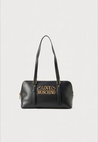 Black leather handbag with gold "LOVE MOSCHINO" logo, two short handles, zip closure, and a structured rectangular shape.