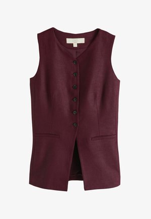 Bezrękawnik w kolorze bordowym wykonany z lnu, zapinany na sześć czarnych guzików z przodu, z dwoma poziomymi kieszeniami z patkami i dekoltem w kształcie litery V.