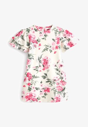 Roomkleurige korte jurk met roze en groene bloemenprint en gerimpelde korte mouwen, ontworpen voor meisjes.