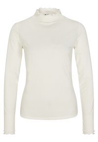 Långärmad, figurnära polotröja i krämfärg, tillverkad av ribbat tyg med en texturerad yta och vågiga kanter vid kragen och ärmsluten.