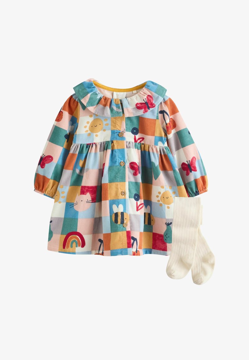 Multicolor checkered baby dress with illustrations of sun, butterfly, bee, cat, and rainbow, paired with white ribbed tights.