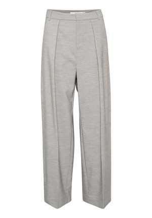 Pantaloni a gamba larga grigio chiaro con una finitura liscia, dotati di due pieghe frontali, una vita e gambe diritto.