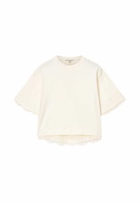 Katoenen t-shirt met korte mouwen in crème, voorzien van een geronzeld zoom en een textuurrijke kanten rand. Losse pasvorm en ronde halslijn, voor een casual uitstraling.