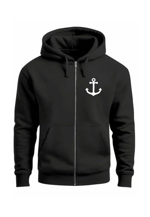 Black zip-up hoodie with front pockets and a white anchor symbol on the left chest.