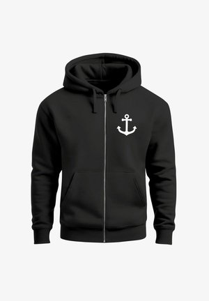 Black zip-up hoodie with front pockets and a white anchor symbol on the left chest.