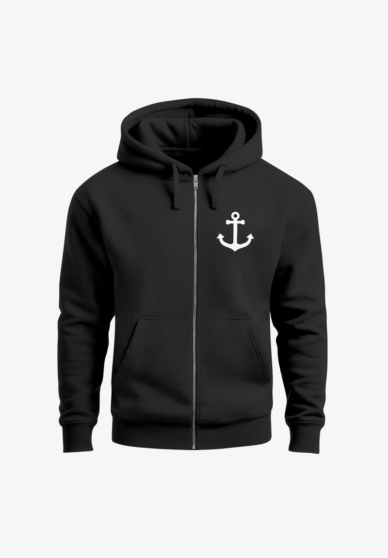 Black zip-up hoodie with front pockets and a white anchor symbol on the left chest.