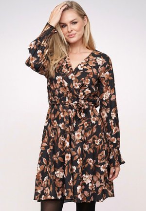 LONGSLEEVE WITH FLOWER PRINT AND TIE BELT - Day dress - brown black