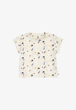 T-shirt blanc à manches courtes pour enfants avec un motif marin multicolore comprenant des étoiles de mer, des méduses, des coraux et des algues.
