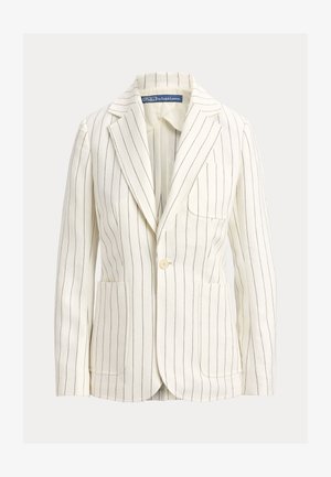 Blazer à rayures blanches avec fines rayures bleu marine, revers crantés, fermeture par un seul bouton et deux poches avant. Texture de tissu lisse.