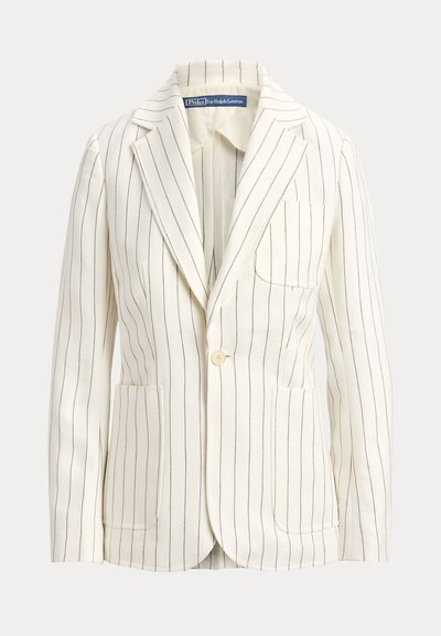 Λευκό σακάκι με στενές ναυτικές ρίγες, πέτο με εγκοπές, κούμπωμα με ένα κουμπί και δύο μπροστινές τσέπες. Ομαλή υφή υφάσματος.