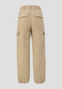 Beige cargobroek met een elastische tailleband, twee achterzakken en strakke cuffs. Gemaakt van duurzame stof met zijzakken.