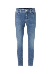 Blaue Denim-Jeans im Slim Fit mit einem hellen Waschung und verstreuten weißen Punkten. Mit geradem Bein und standardmäßiger Fünf-Taschen-Design.