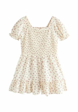 Kremfarvet kjole med lille pink blomsterprint, pufærmer, smocket firkantet halsudskæring på overdelen og flæsekant forneden.