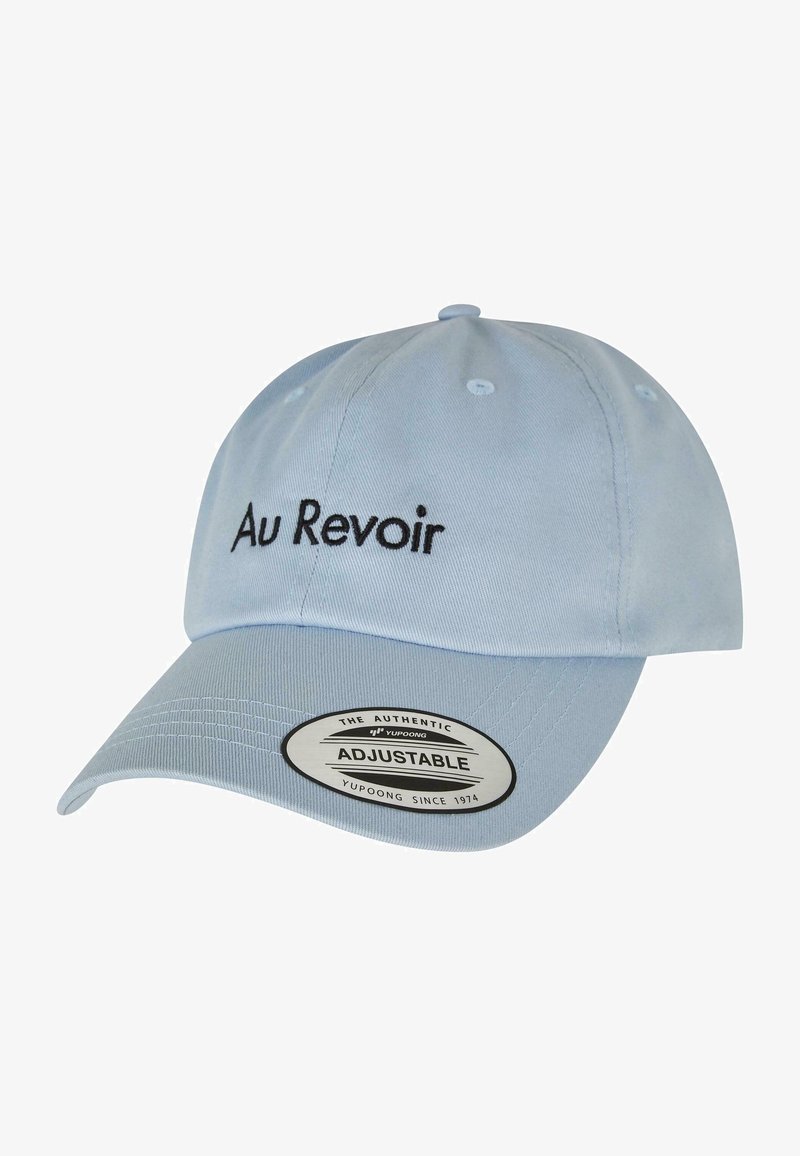 Light blue cotton baseball cap with adjustable strap, featuring black embroidered text "Au Revoir" on the front and a circular brand tag.