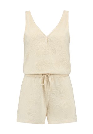 Vaalean beige romper, jossa on V-pääntie, upotettu simpukkakuosi, joustava vyötärö ja säädettävä naru. Valmistettu pehmeästä, tekstuuritetusta kankaasta.