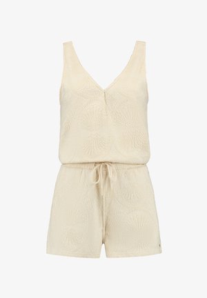 Krem boje rompers s V-izrezom, ugrađenim uzorkom školjki, elastičnim strukom i podesivom vezicom. Izrađen od mekane, teksturirane tkanine.