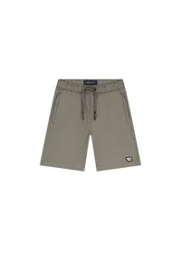 Khaki stretch shorts met een elastische tailleband, een trekkoord, zijzakken en een logopatch aan de rechteronderkant.