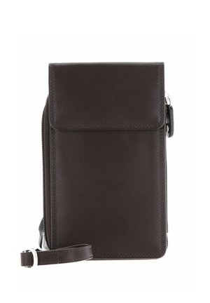 Dunkelbraunes Leder-Handgelenketui mit Reißverschluss, einer vorderen Klappentasche und genähten Kanten.