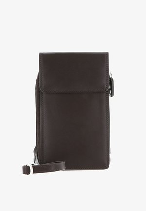 Portefeuille bracelet en cuir marron foncé avec fermeture éclair, poche avant à rabat et bords cousus.