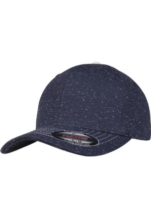 Blåprikket baseballcaps med rund krone, buet visir og uten synlig lukking. Har en myk tekstur av stoff.