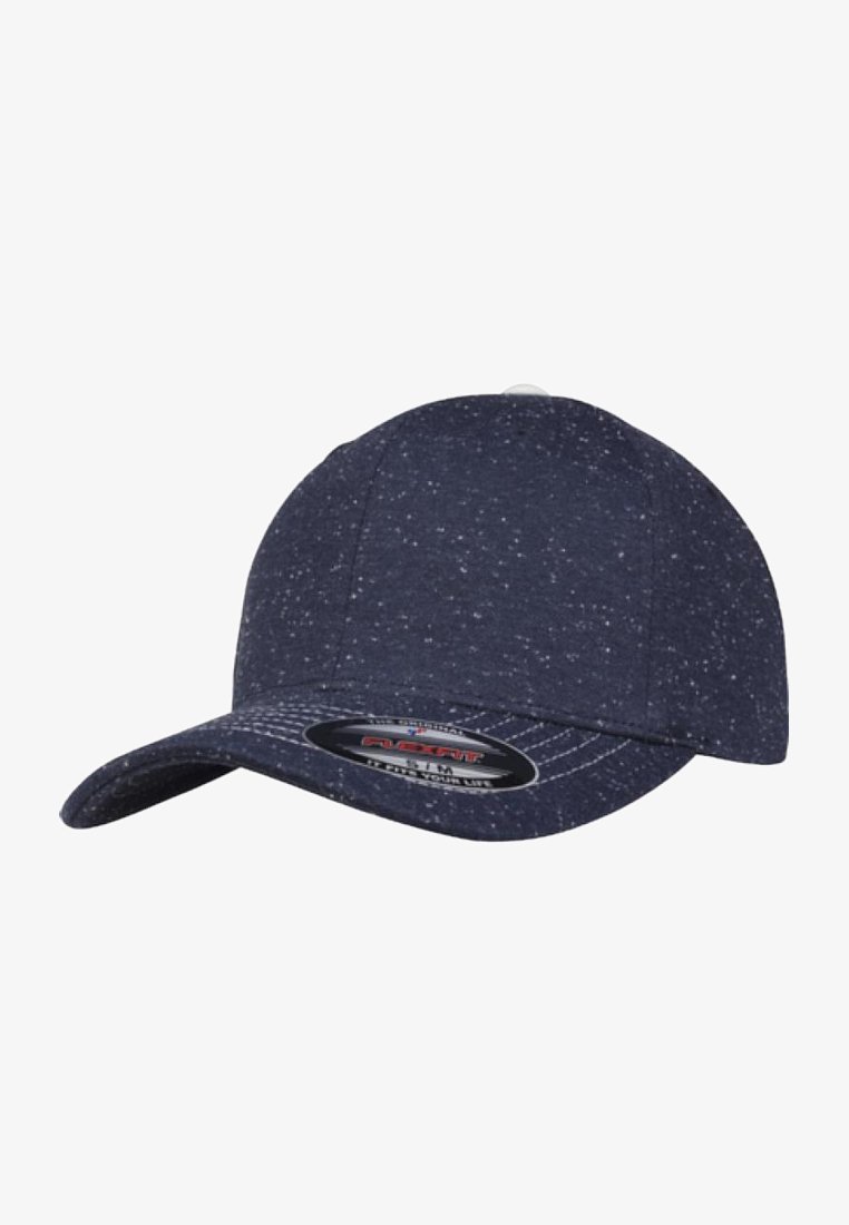 Blue speckled baseball cap with a rounded crown, curved visor, and no visible closure. Features a soft fabric texture.