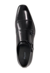 Black leather shoe with a pointed toe, featuring two horizontal stitching lines and a buckle detail on the side. Interior is black with branding.