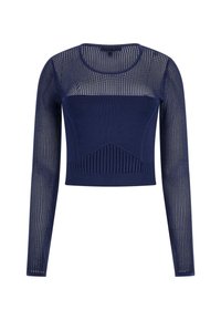 Marineblauem, verkürztem Pullover mit langen Ärmeln, der über ein gestricktes Design, strukturierte Mesh-Einsätze und Rippdetails am Saum und am Oberteil verfügt.