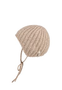 Beige knitted baby bonnet with ribbed pattern and chin ties, featuring a small fabric tag on the side.