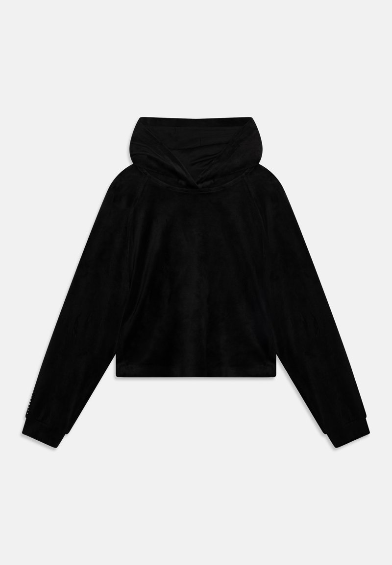 Black cropped hoodie made of soft fabric, featuring a rounded hood, long sleeves, and subtle stitching details on the cuffs.