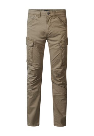 Pantaloni cargo color khaki in cotone, con diverse tasche laterali, chiusura con bottone e design slim fit con cuciture visibili.