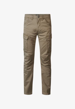 Khakifarbene Cargo-Hosen aus Baumwolle, mit mehreren Seitentaschen, einem Knopfverschluss und einem Slim-Fit-Design mit sichtbaren Nähten.
