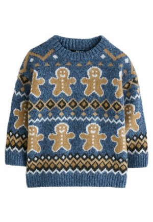 Pull tricoté bleu avec des bonshommes en pain d'épice marron et des motifs géométriques en blanc, noir et beige sur le corps et les manches.