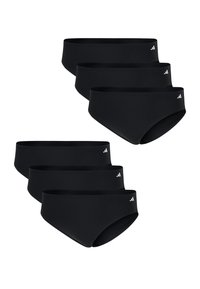 Conjunto de bragas de bikini negras, fabricadas con un tejido suave, que presenta un diseño de cintura baja y un pequeño detalle del logo en la cinturilla.